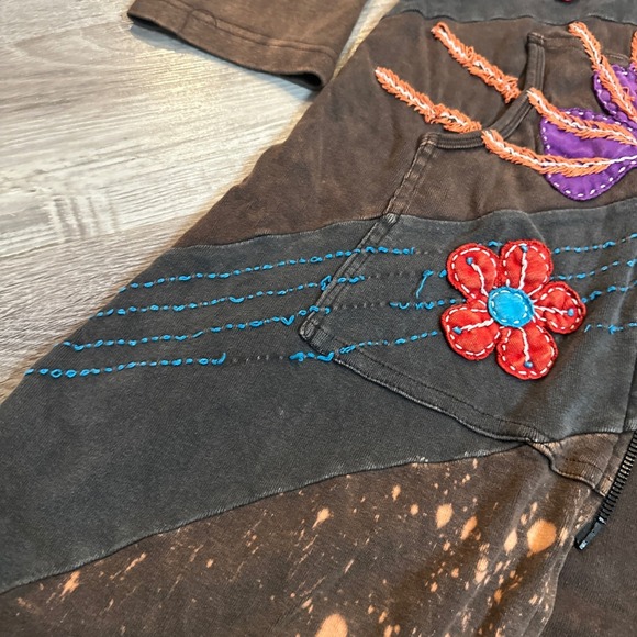 Rising International Patchwork Longline Hoodie Jacket Women M Brown Boho Artsy - Picture 9 of 9